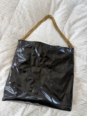 Zara Black Quilted Patent Shoulder Bag with Gold Chain Strap